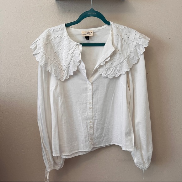 Universal Thread Tops - Eyelet Peter Pan Collar Blouse with Ruffle, White, L